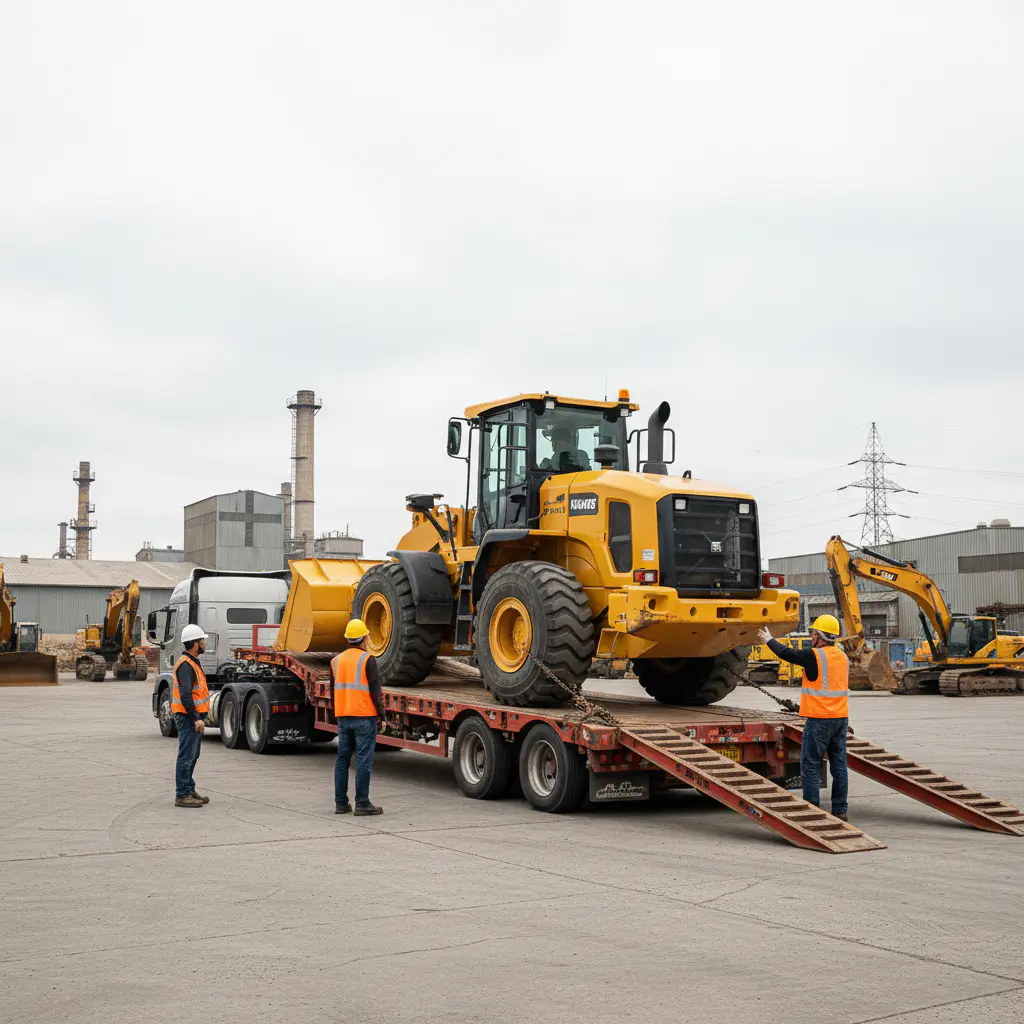 Truck delivering excavator